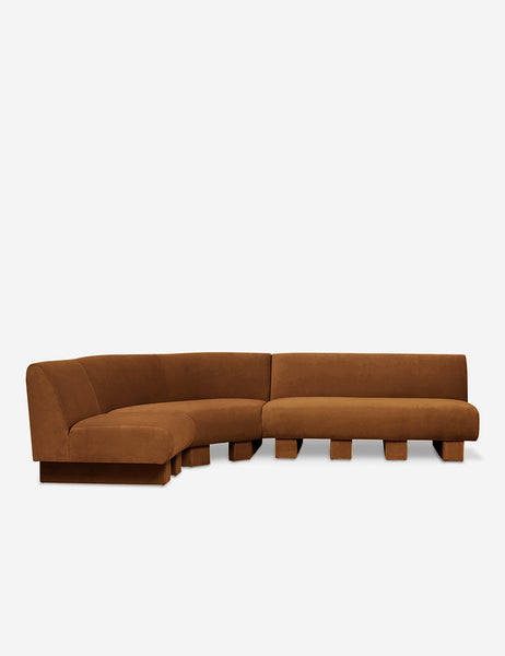 #color::Cognac-Velvet #configuration::left-facing #size::114-W | Lena left-facing cognac velvet sectional sofa with upholstered beam legs.
