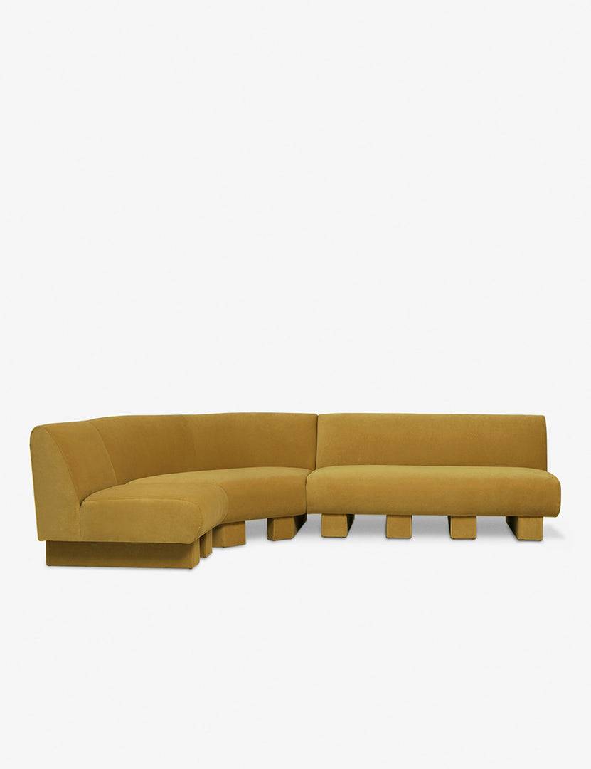 #color::Goldenrod-Velvet #configuration::left-facing #size::114-W | Lena left-facing yellow velvet sectional sofa with upholstered beam legs.