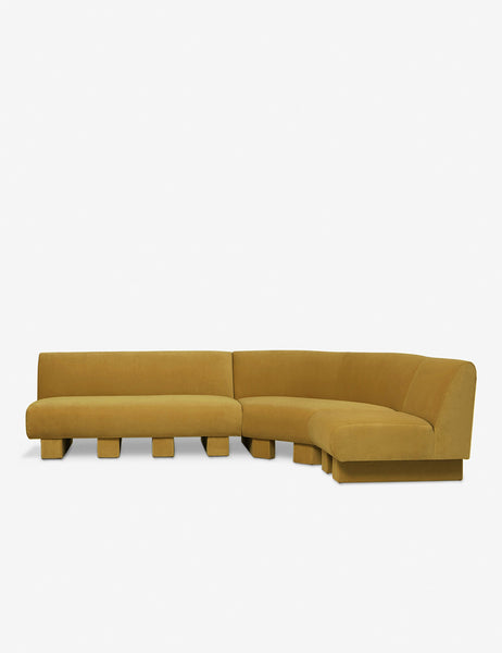 #color::Goldenrod-Velvet #configuration::right-facing #size::114-W | Lena right-facing yellow velvet sectional sofa with upholstered beam legs.