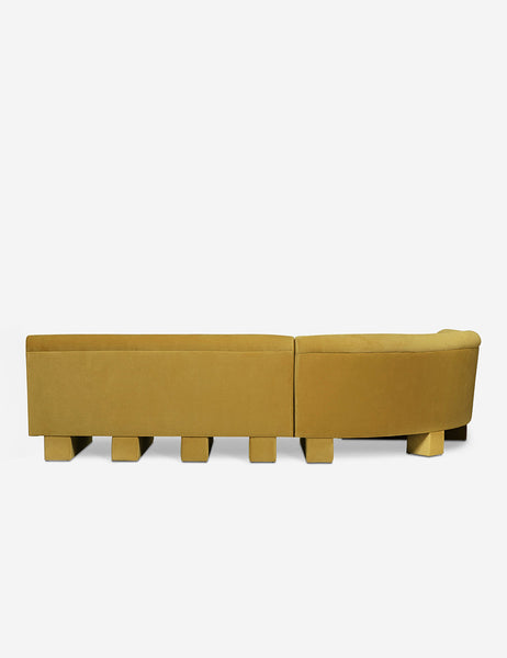 #color::Goldenrod-Velvet #configuration::left-facing #size::114-W | Rear view of the entire Lena left-facing yellow velvet sectional sofa with upholstered beam legs.