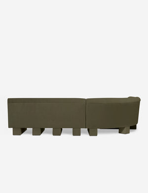 Rear view of the entire Lena left-facing gray velvet sectional sofa with upholstered beam legs.