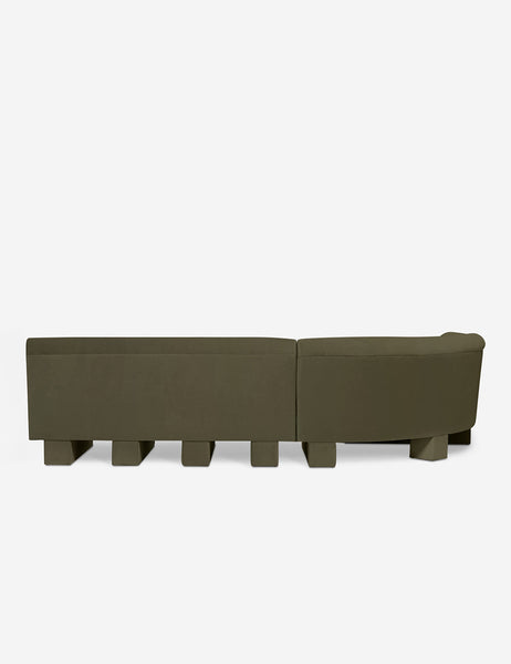 #color::Loden-velvet #configuration::left-facing #size::114-W | Rear view of the entire Lena left-facing gray velvet sectional sofa with upholstered beam legs.