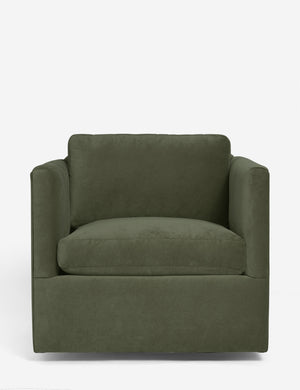 Lotte moss velvet swivel chair with a deep seat and shelter-style design