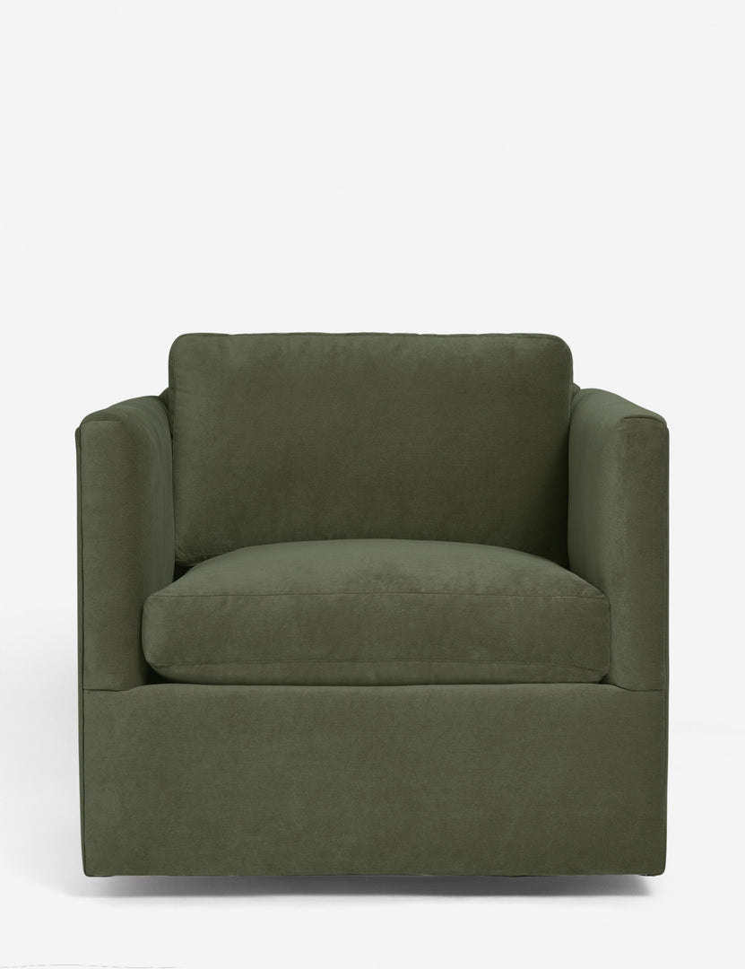 #color::moss-velvet | Lotte moss velvet swivel chair with a deep seat and shelter-style design
