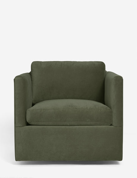 #color::moss-velvet | Lotte moss velvet swivel chair with a deep seat and shelter-style design
