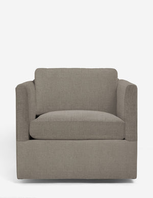 Lotte pebble gray performance fabric swivel chair with a deep seat and shelter-style design