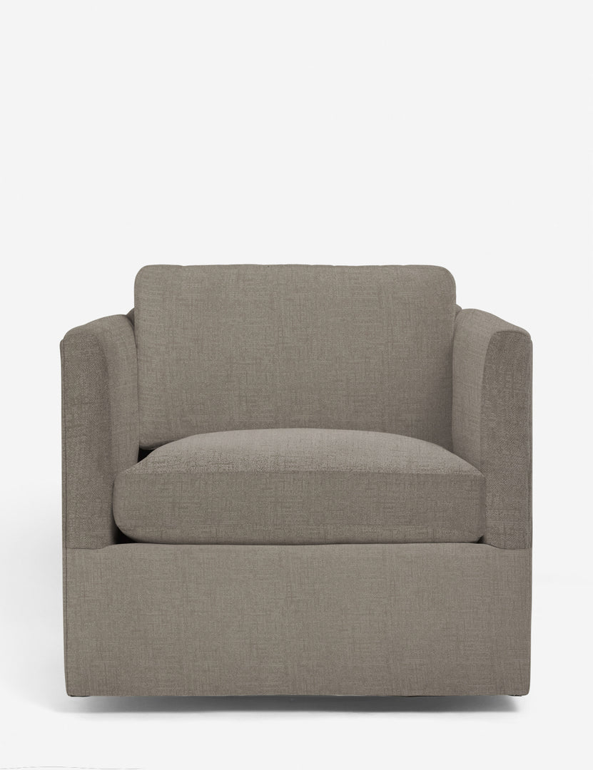 #color::pebble-performance-linen | Lotte pebble gray performance fabric swivel chair with a deep seat and shelter-style design