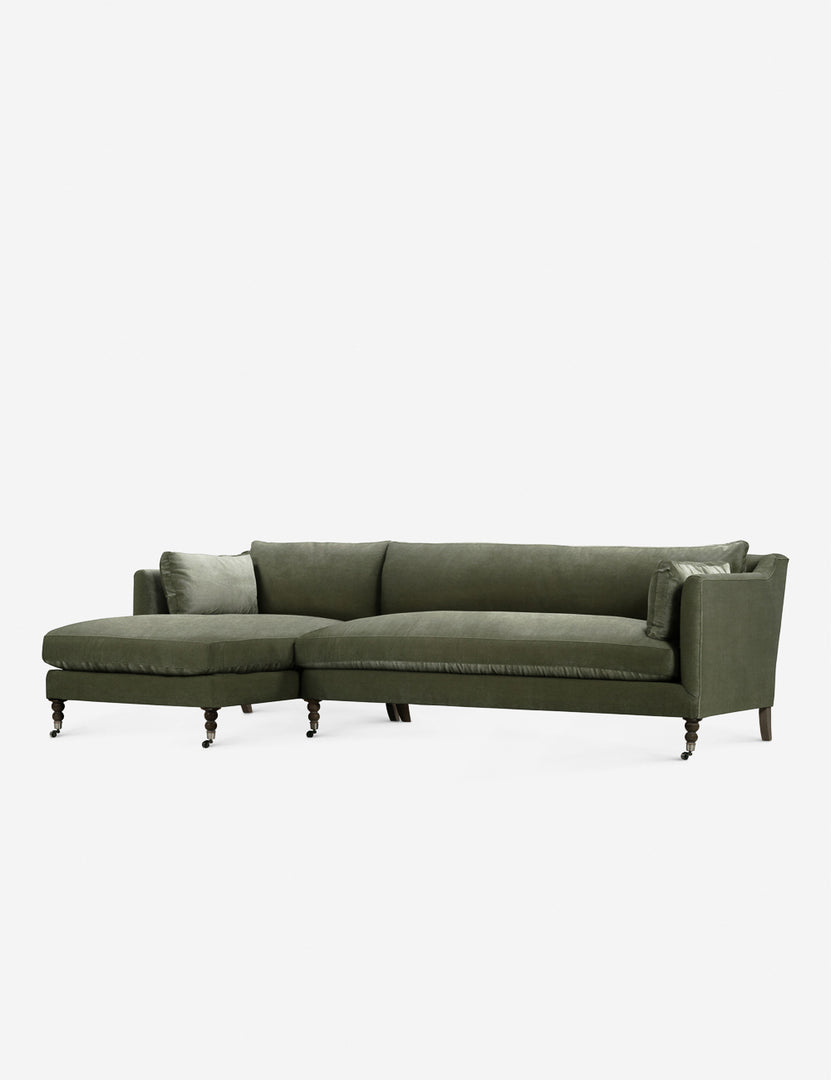 #color::moss #configuration::left-facing | Fabienne left-facing moss velvet sectional with antique curved legs in the back with ornate turned legs in the front with wheels