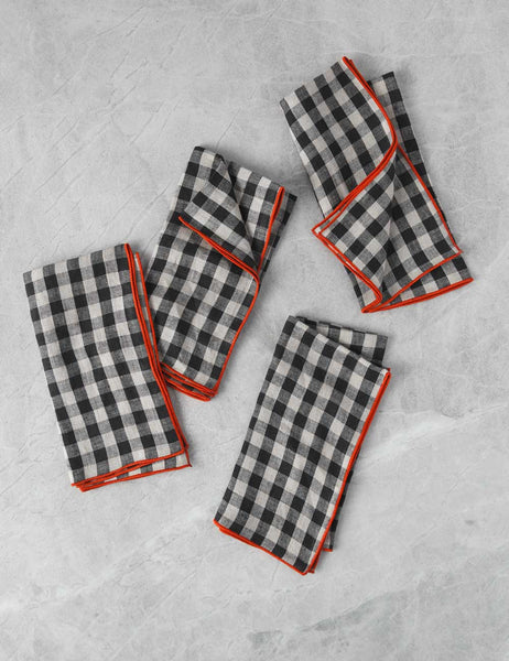 #color::legume #size::medium | Linen legume black and white plaid Napkins with red outline (Set of 4) by MADRE in medium