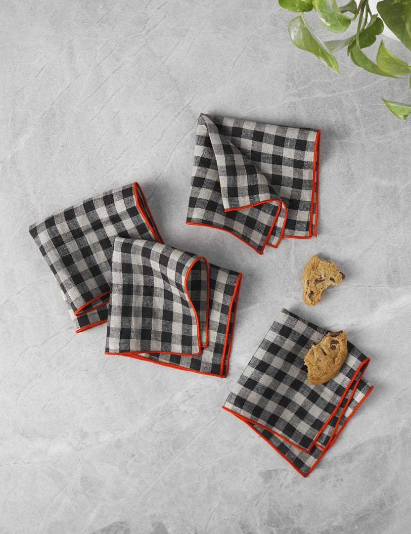 #color::legume #size::small | Linen legume black and white plaid Napkins with red outline (Set of 4) by MADRE in small