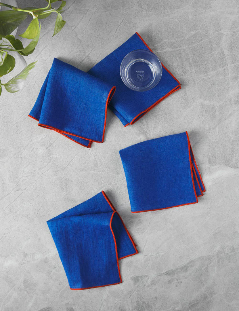 #color::maiz #size::small | Linen maiz blue Napkins with red outline (Set of 4) by MADRE in small