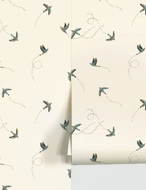 Sparrow blue and white wallpaper by Rylee and Cru.