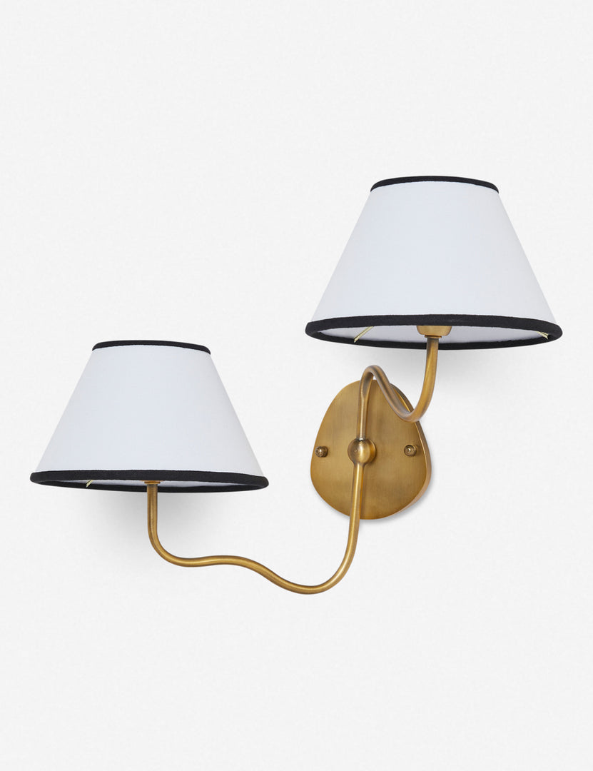#color::black-trim #finish::brass | Angled view of the Magdalene brass double sconce