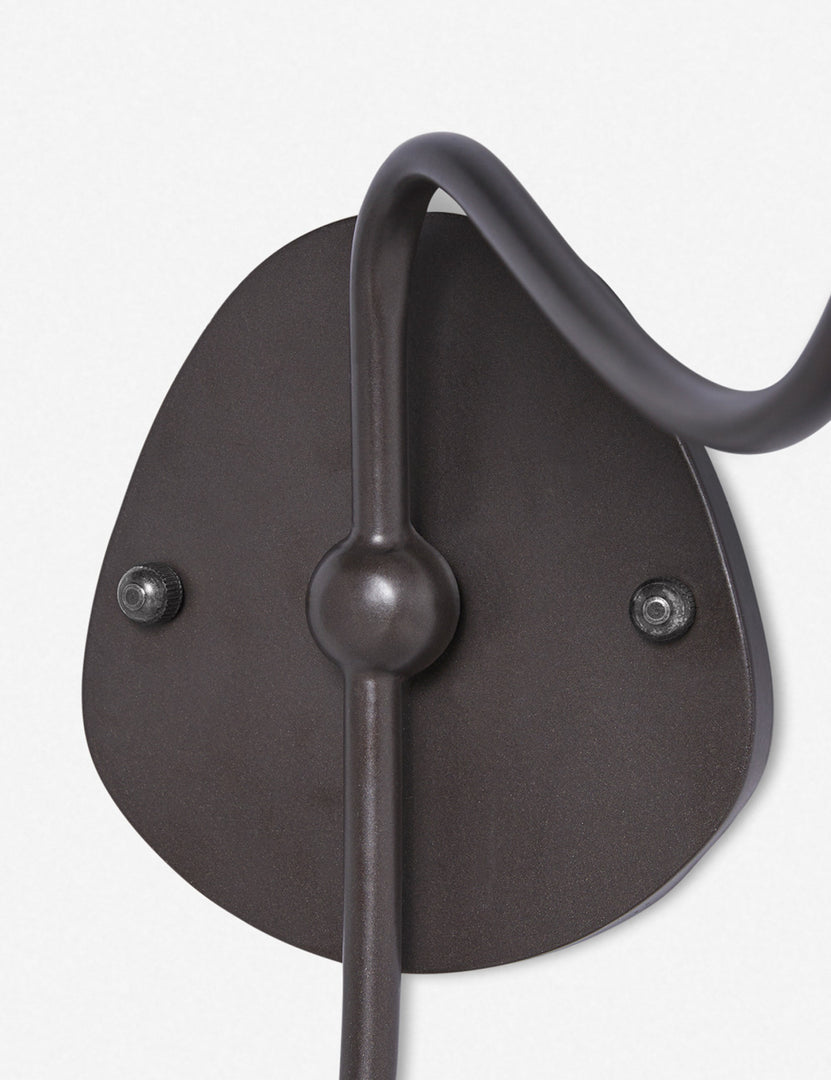 #color::black-trim #finish::bronze | Close up of the wall mount of the Magdalene black double sconce