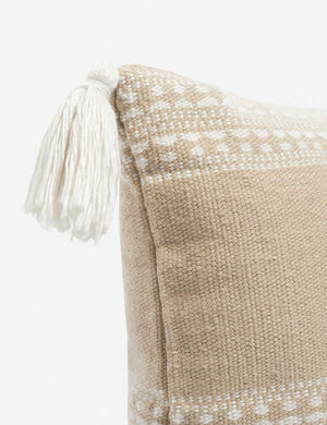 Tasseled corners on the Marchesa khaki indoor and outdoor pillow