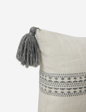 Tasseled corners on the Marchesa natural and agate gray indoor and outdoor pillow