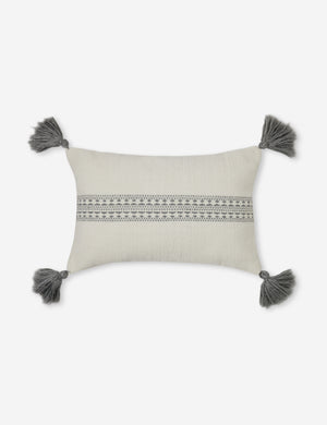 Marchesa natural and agate gray indoor and outdoor lumbar pillow with tasseled corners