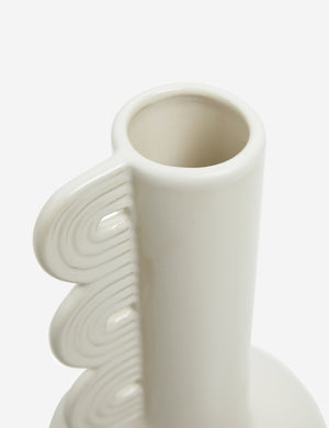 Angled close-up of the grooved neck on the Marguerite matte white ceramic vase