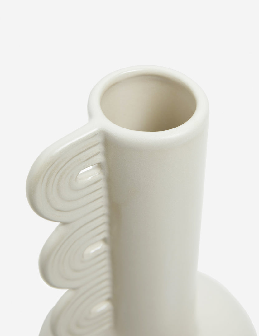 | Angled close-up of the grooved neck on the Marguerite matte white ceramic vase