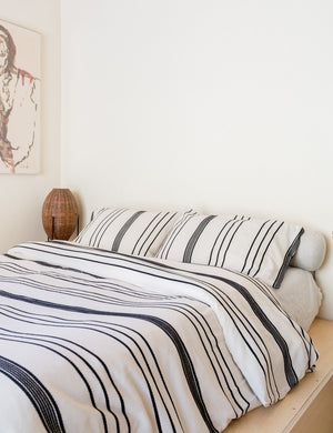 Angled view of the Marlo Cotton hand loomed black striped Duvet Set by House No. 23