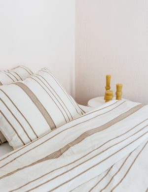 Angled view of the Marlo Cotton hand loomed beige striped Duvet Set by House No. 23