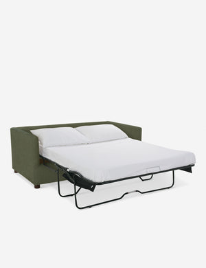 Lotte Moss Green Velvet queen-sized sleeper sofa with the bed pulled out