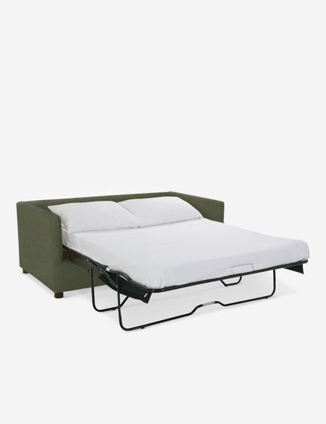 #color::moss-velvet #size::queen | Lotte Moss Green Velvet queen-sized sleeper sofa with the bed pulled out