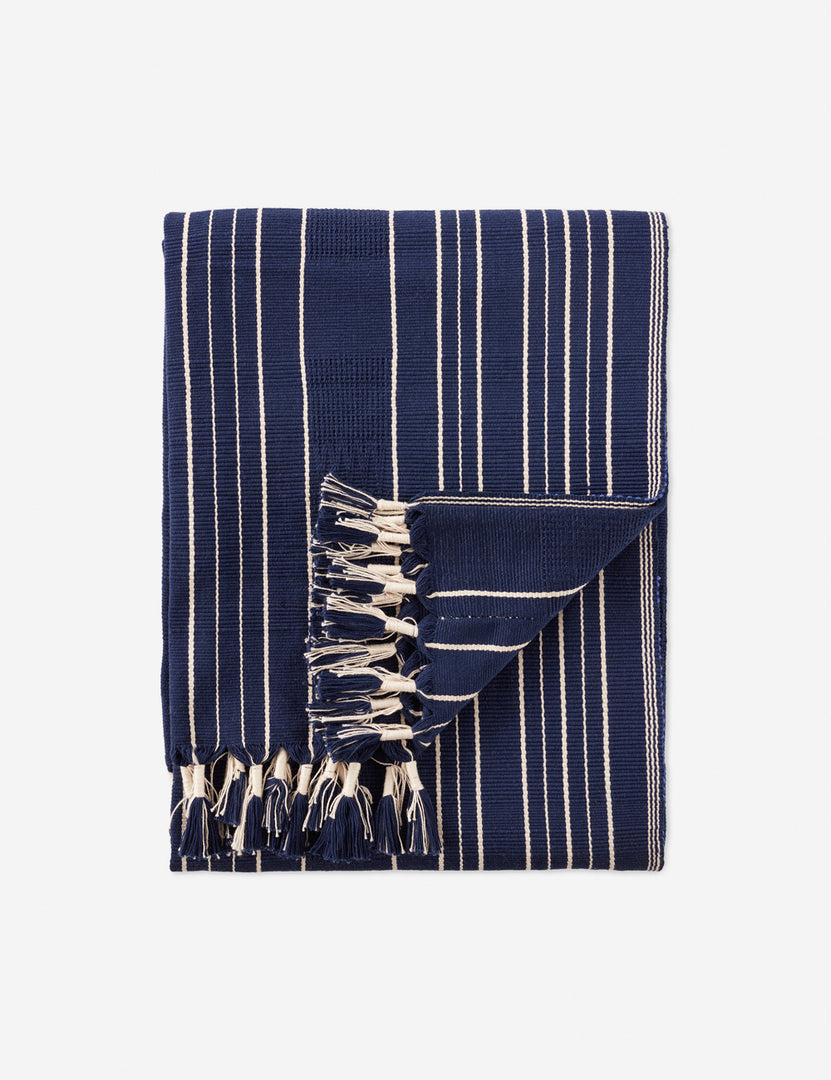 | Ajano navy cotton weave throw blanket with fringe and ivory indigenous motifs