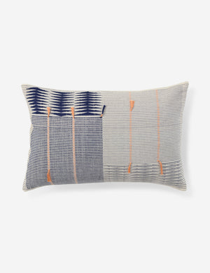 Narola artisan ivory lumbar throw pillow with blue and orange indigenous motifs