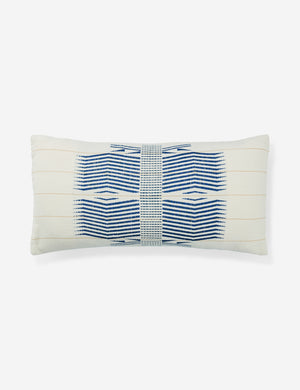 The Imli ivory cotton throw pillow with blue indigenous motifs and is loin-loomed