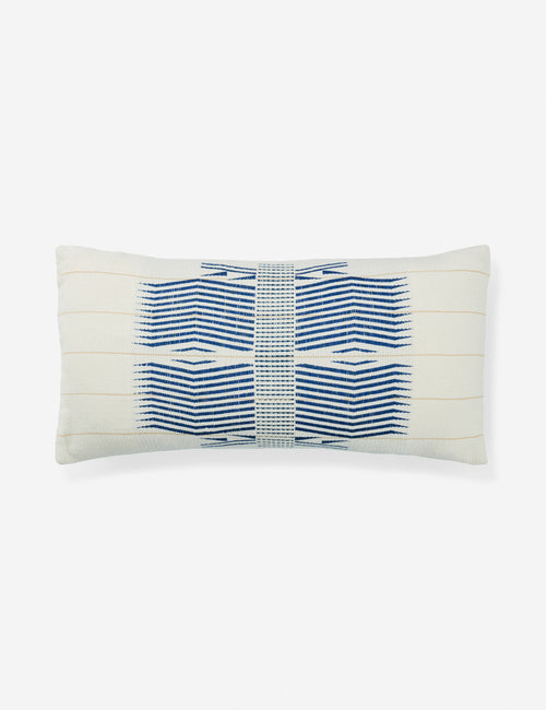 #color::blue #fill::down #fill::polyester | The Imli ivory cotton throw pillow with blue indigenous motifs and is loin-loomed
