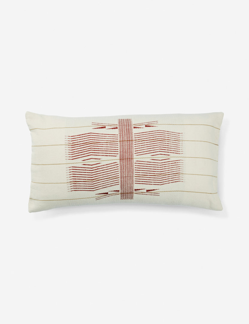 #color::red #fill::down #fill::polyester | The Imli ivory cotton throw pillow with red indigenous motifs and is loin-loomed