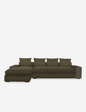 Nadine Balsam green velvet upholstered left-facing sectional sofa with low, wide arms and tall pillow back cushions