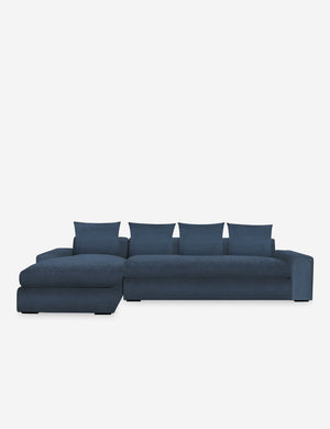 Nadine Blue velvet upholstered left-facing sectional sofa with low, wide arms and tall pillow back cushions