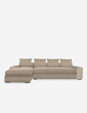 Nadine Oatmeal beige velvet upholstered left-facing sectional sofa with low, wide arms and tall pillow back cushions
