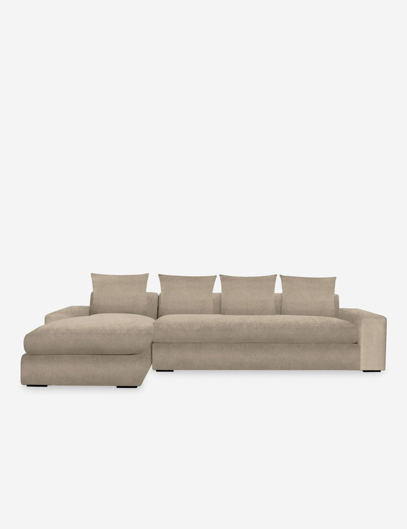 #color::oatmeal-velvet #configuration::left-facing | Nadine Oatmeal beige velvet upholstered left-facing sectional sofa with low, wide arms and tall pillow back cushions