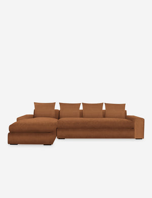 Nadine Rust orange velvet upholstered left-facing sectional sofa with low, wide arms and tall pillow back cushions