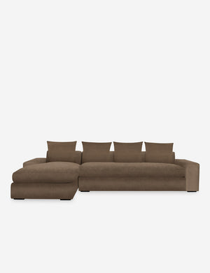 Nadine Toffee brown velvet upholstered left-facing sectional sofa with low, wide arms and tall pillow back cushions