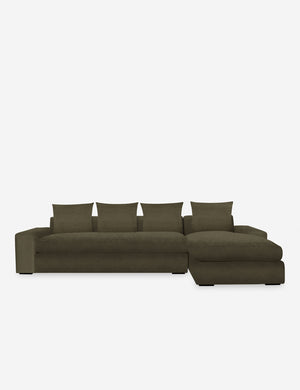 Nadine Balsam green velvet upholstered right-facing sectional sofa with low, wide arms and tall pillow back cushions