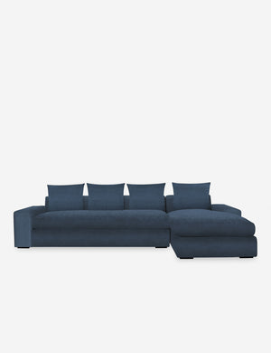 Nadine Blue velvet upholstered right-facing sectional sofa with low, wide arms and tall pillow back cushions
