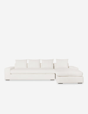 Nadine Ivory linen upholstered right-facing sectional sofa with low, wide arms and tall pillow back cushions
