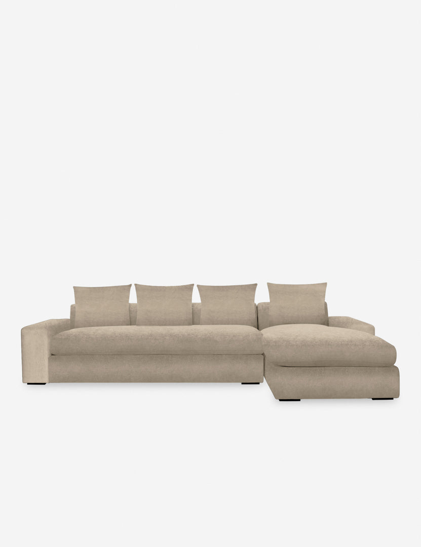 #color::oatmeal-velvet #configuration::right-facing | Nadine Oatmeal beige velvet upholstered right-facing sectional sofa with low, wide arms and tall pillow back cushions