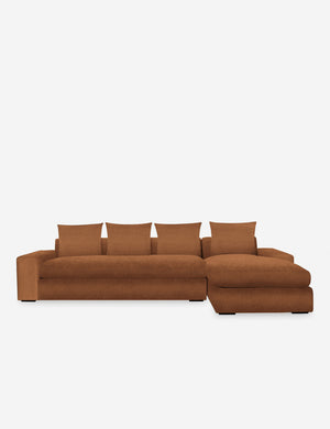 Nadine Rust orange velvet upholstered right-facing sectional sofa with low, wide arms and tall pillow back cushions