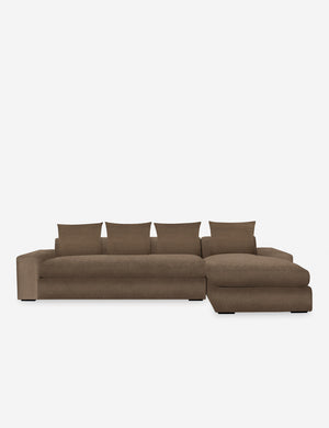 Nadine Toffee brown velvet upholstered right-facing sectional sofa with low, wide arms and tall pillow back cushions