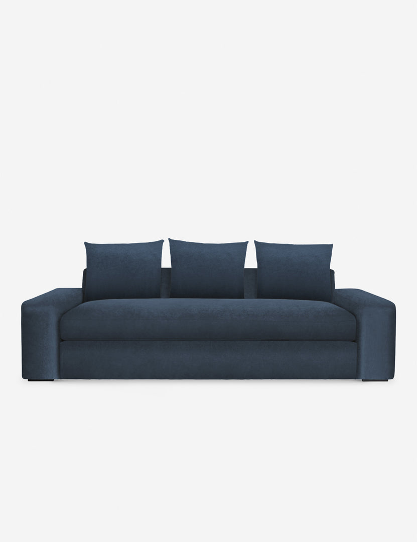 #color::blue-velvet #size::108-W #size::96-W #size::84-W | Nadine blue velvet sofa with low, wide arms and tall pillow back cushions