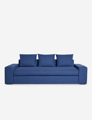 Nadine blue performance fabric sofa with low, wide arms and tall pillow back cushions
