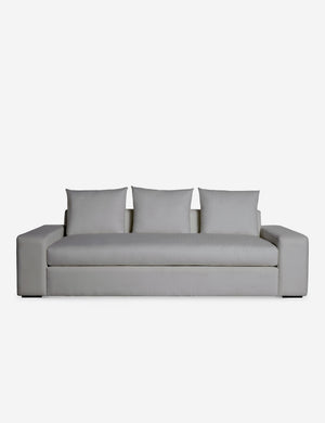 Nadine gray performance fabric sofa with low, wide arms and tall pillow back cushions