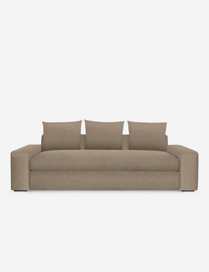 Nadine oatmeal brown velvet sofa with low, wide arms and tall pillow back cushions