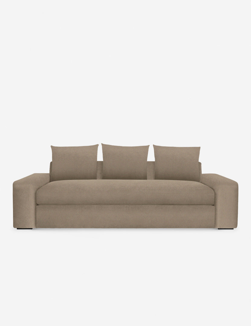 #color::oatmeal-velvet #size::108-W #size::96-W #size::84-W | Nadine oatmeal brown velvet sofa with low, wide arms and tall pillow back cushions