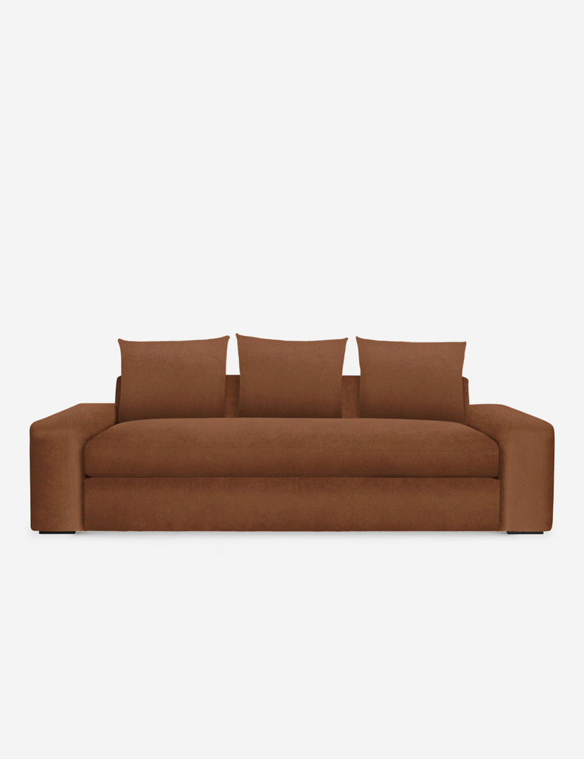 #color::rust-velvet #size::108-W #size::96-W #size::84-W | Nadine rust orange velvet sofa with low, wide arms and tall pillow back cushions